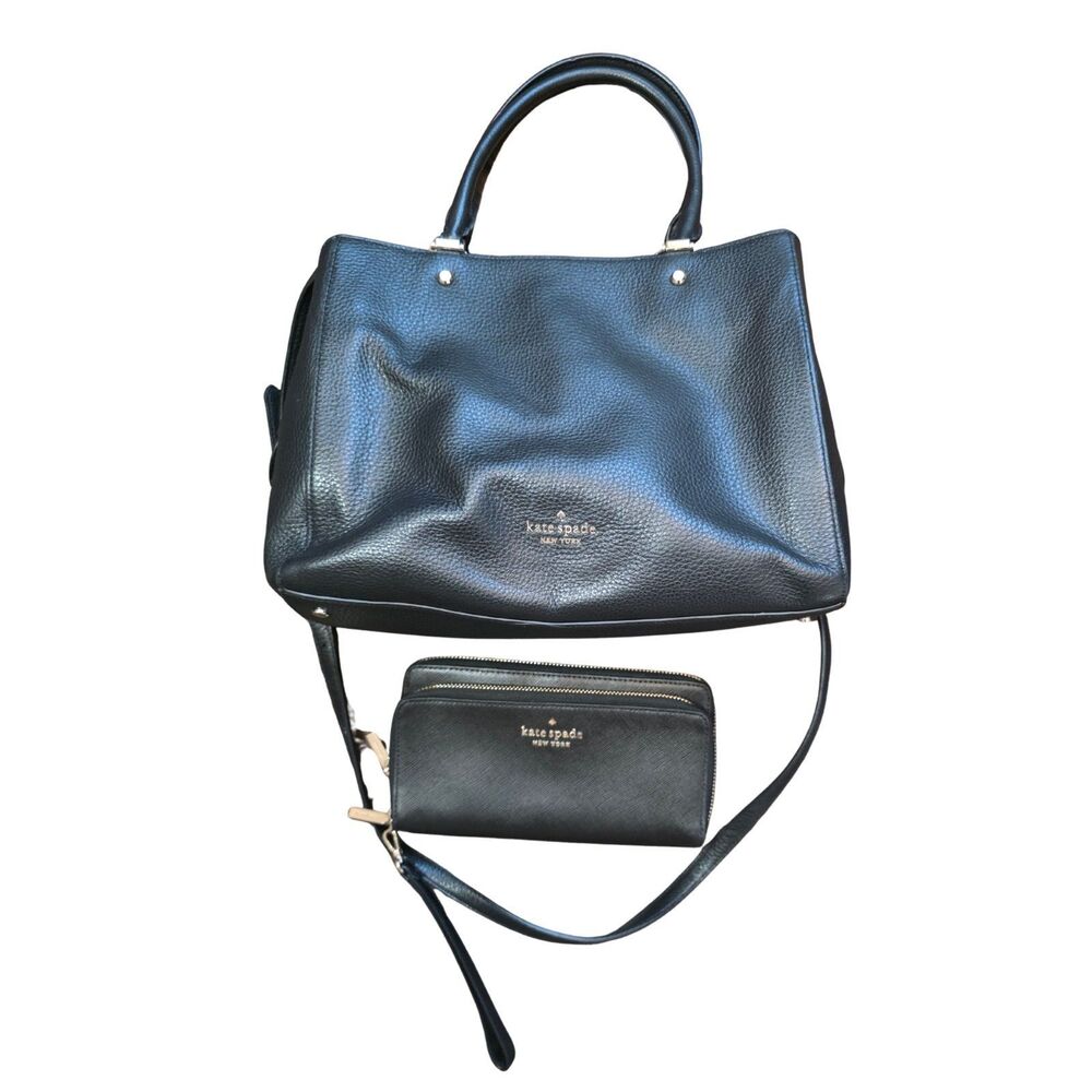 Kate Spade Leila Pebbled Leather Satchel Bag & Staci Matching Wallet Set Black